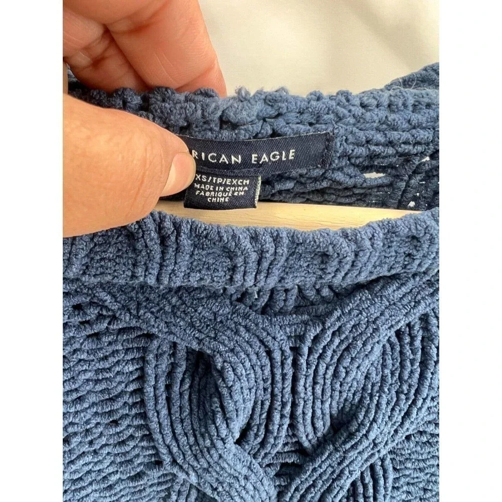 American Eagle Pullover Sweater Chunky Cable Knit Navy Blue Crew Neck Womens XS